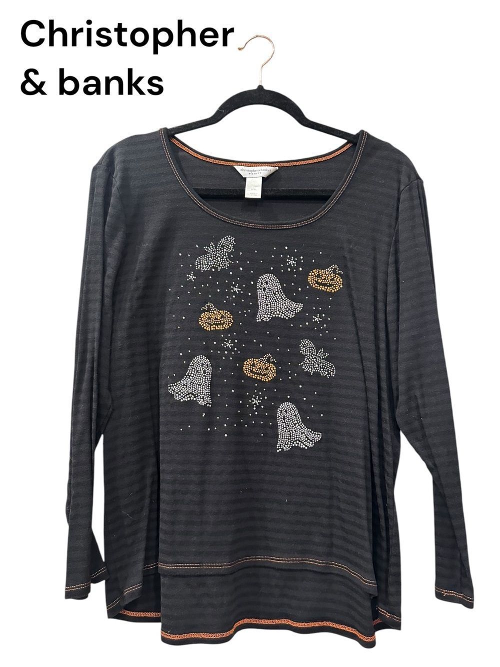 Christopher & Banks Black Long Sleeve Halloween Rhinestone Ghost Top